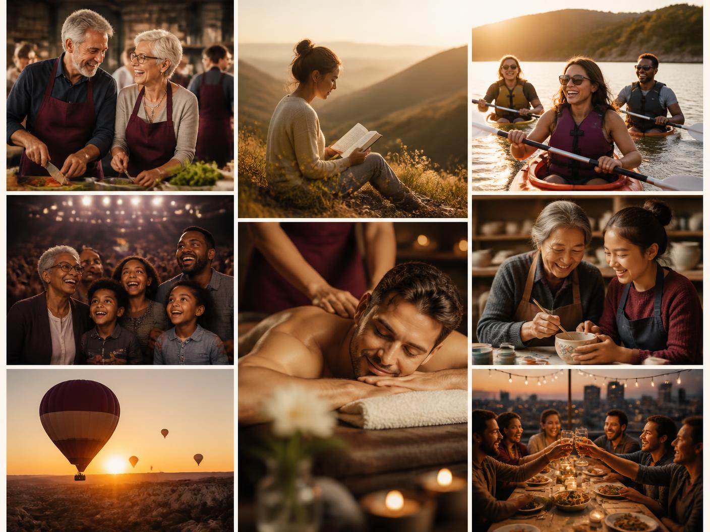 A collage of people of different ages enjoying Experiences together and on their own: a cooking class, kayaking, a concert, pottery, a quiet morning read, a spa treatment, a hot air balloon at sunrise, and friends at a rooftop dinner